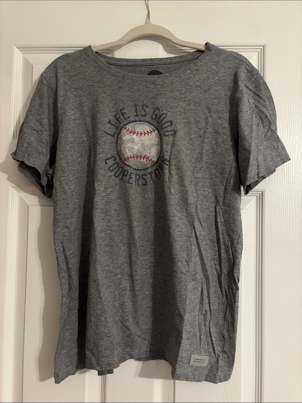 Life Is Good Gray Baseball Tee with Navy & Red Graphic